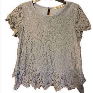 Blue Eyelash Lace Shirt Sleeve Blouse L